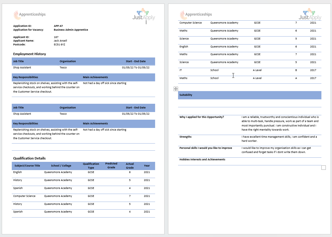 Image shows a print of an Application in the system