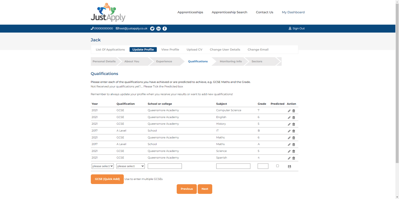 Image shows the Qualifications record in the system