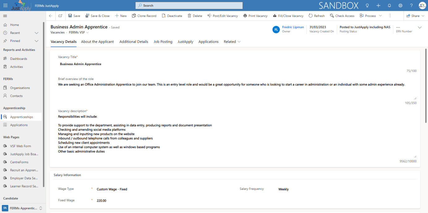 Image shows a Vacancy record in FERMs JustApply