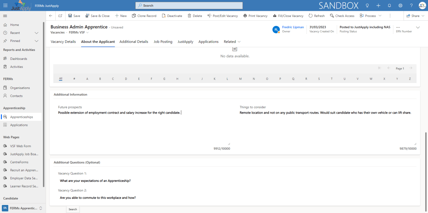 Image shows Employer Questions on a Vacancy in FERMs JustApply
