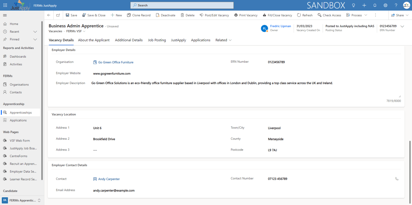 Image shows a Vacancy record in FERMs JustApply